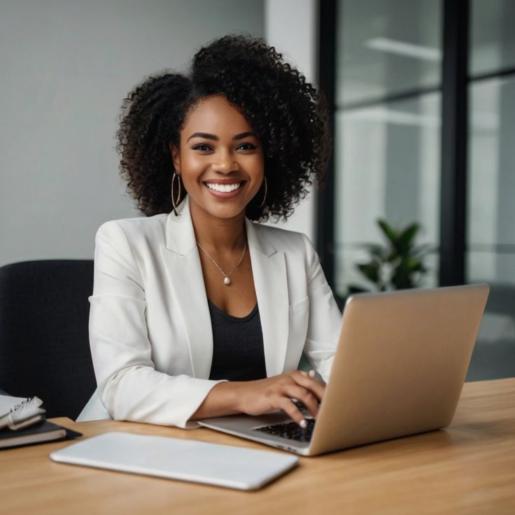 Beautiful image smiling and sitting in front of laptop